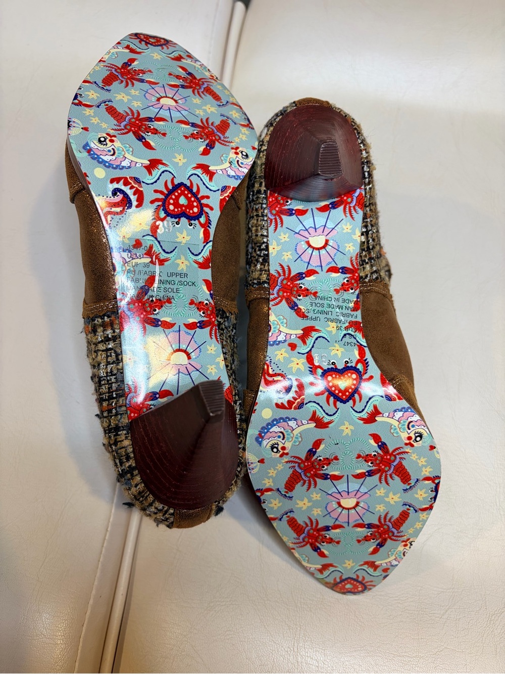 Irregular Choice Brown Suede Tassel Ankle Booties with Tweed Panels - Picture 10 of 12